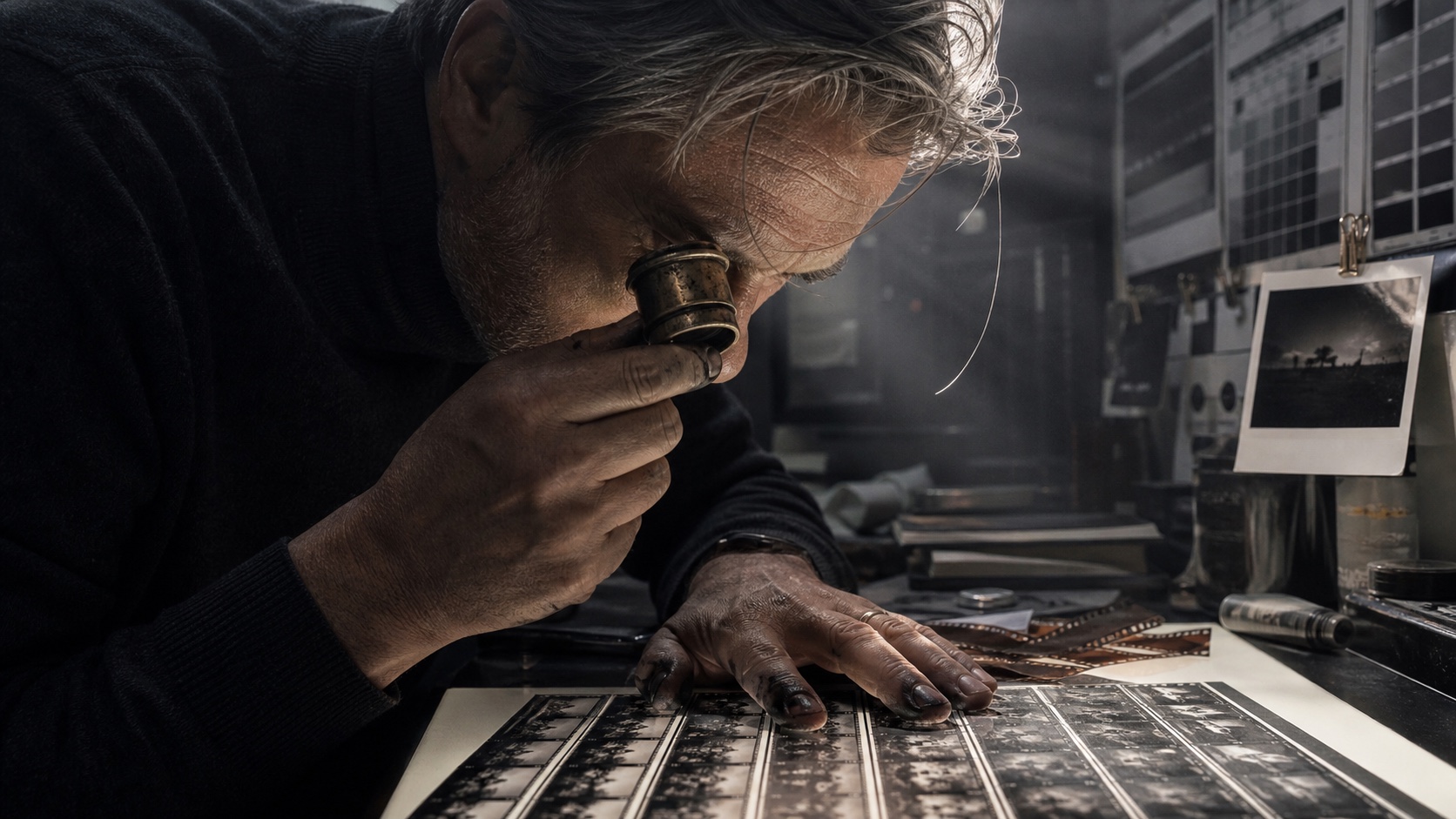A photo director leaning over a walnut light table inspecting a 35mm contact sheet through a brass loupe