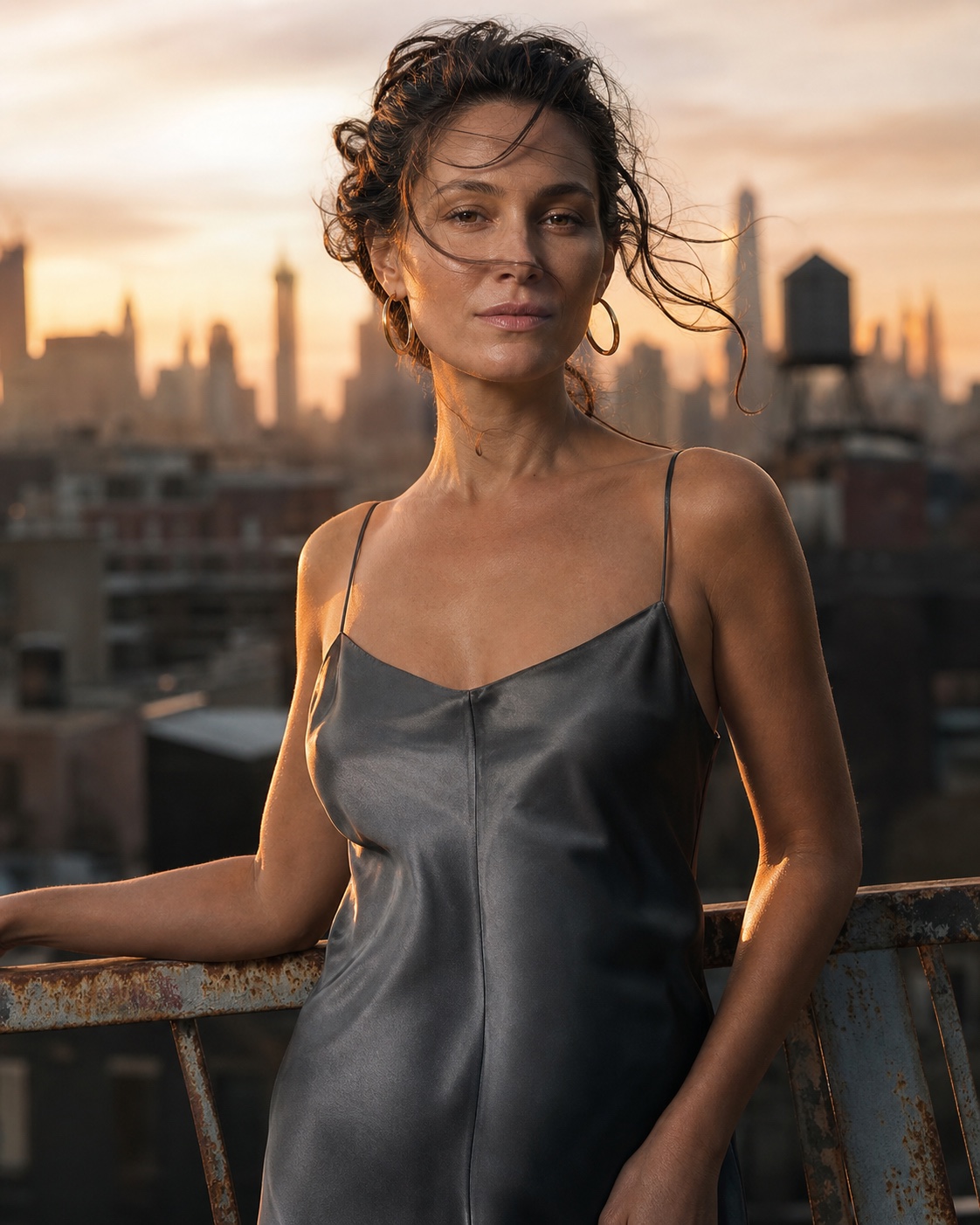 Editorial portrait of a woman at a rooftop railing during golden hour with the NYC skyline behind her
