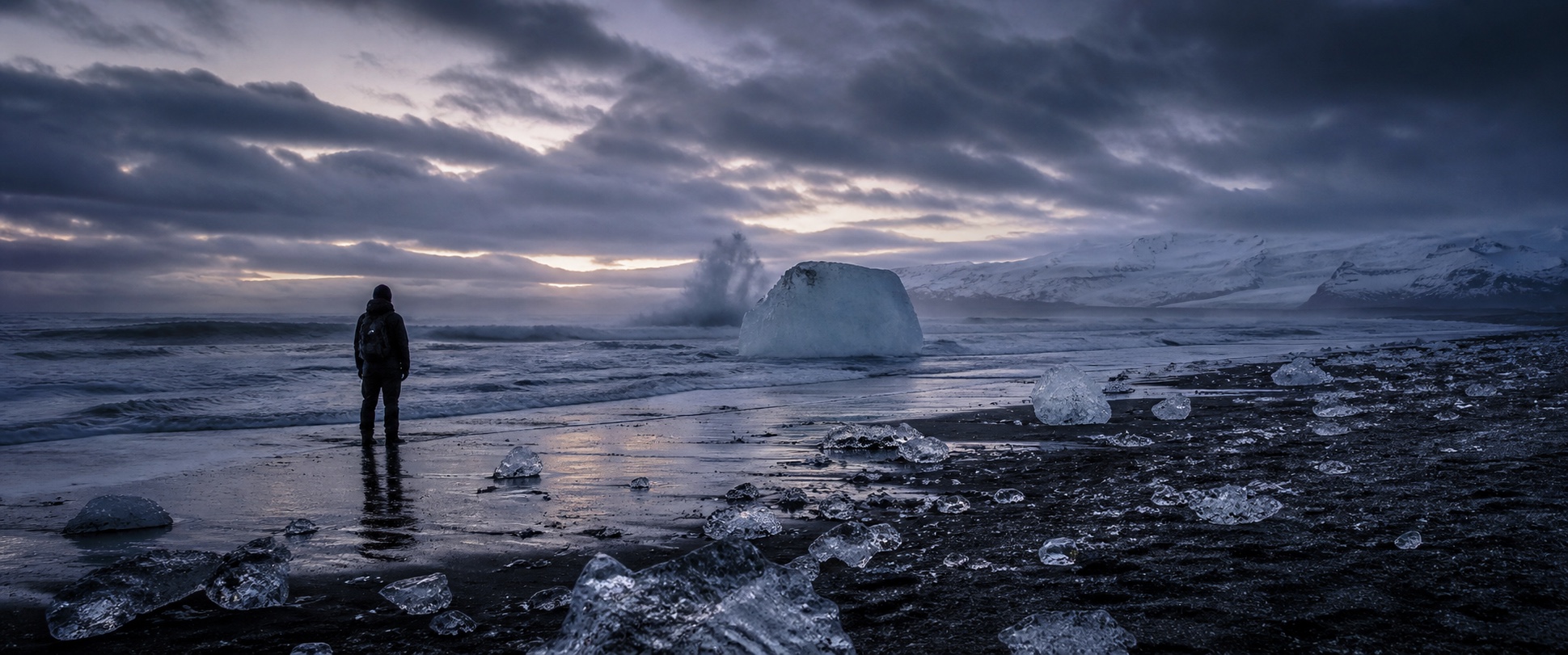 A lone figure on Iceland Diamond Beach watching glacier ice fall into the sea at blue hour