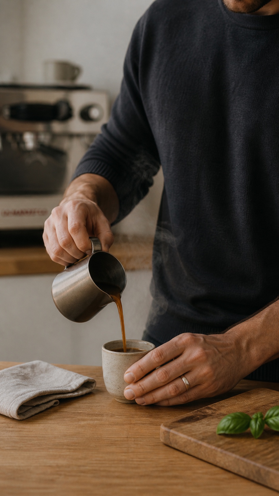 A man in his 30s pouring espresso into a stoneware cup with steam rising in a quiet Scandinavian kitchen