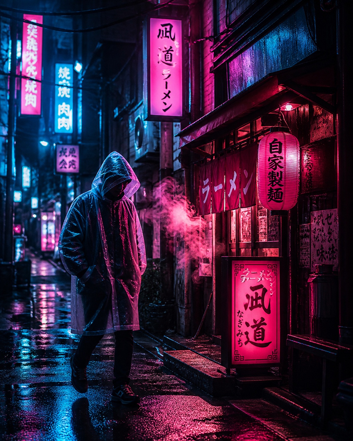 A figure in a translucent rain shell walking past a steaming ramen shop entrance lit only by magenta and cyan neon signage in a Shinjuku alley